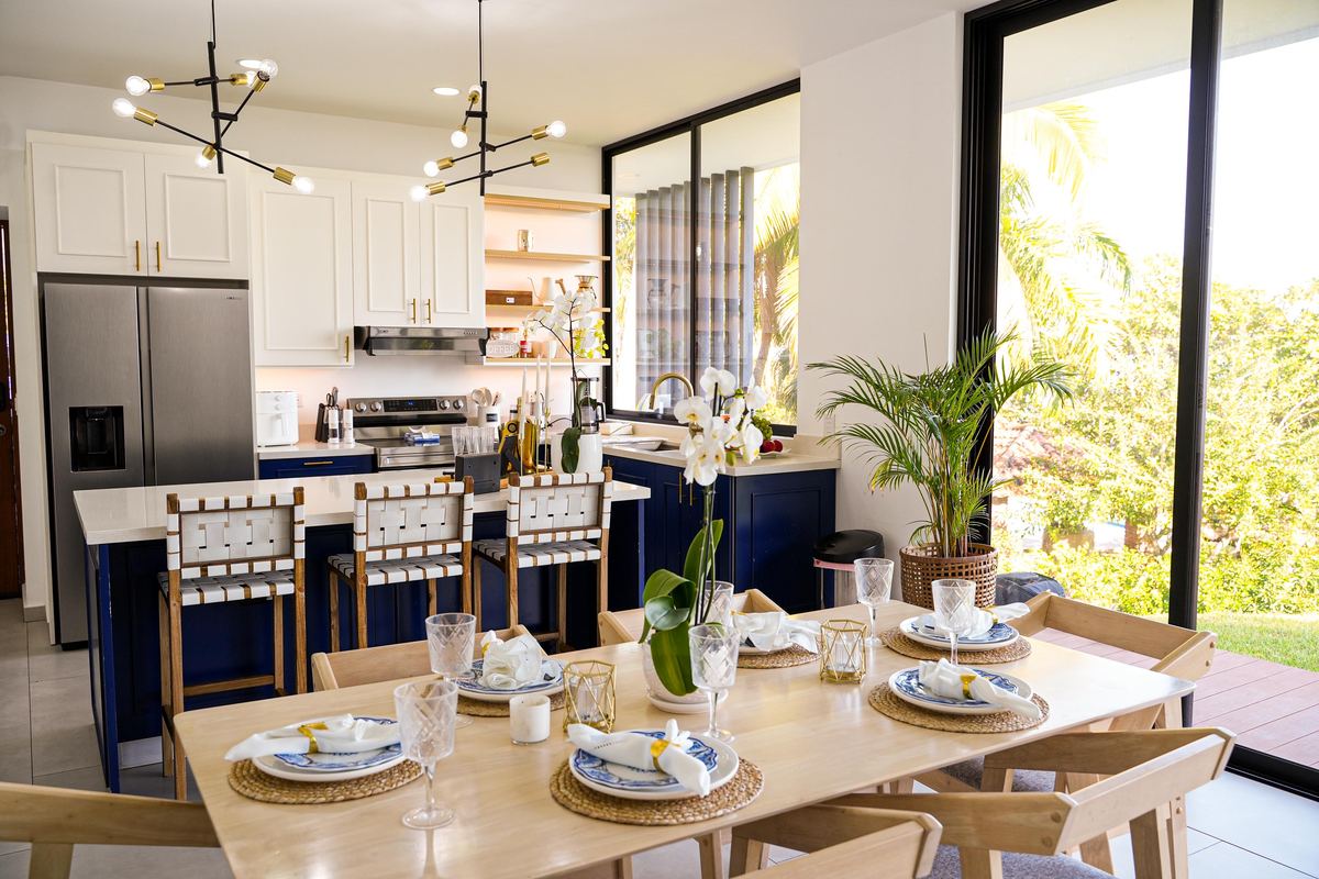 Open kitchen and dining area in golden light